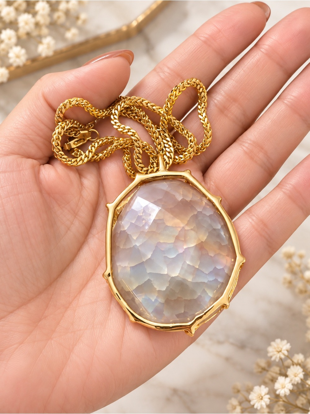 Gold Plated Necklace with Iridescent Faceted Pendant - White Opal Effect